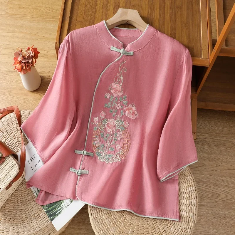 Camicetta da donna in stile cinese ricamata Camicie vintage Moda Abbigliamento estivo allentato Top da donna in lino di cotone a maniche corte