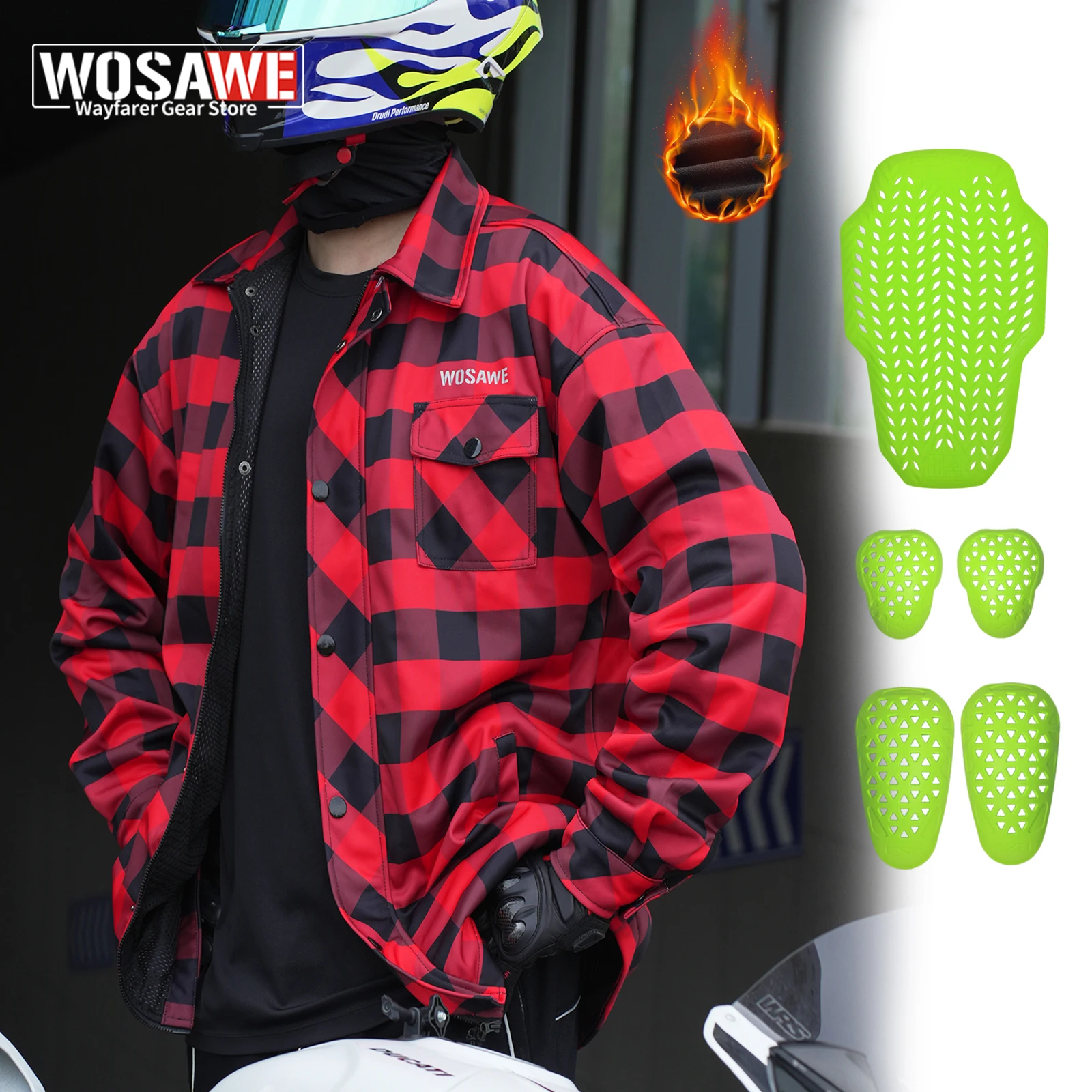 WOSAWE Men's Motorcycle Jacket Plaid Shirt Winter Fleece Lined Riding Coat Breathable Casual Warm Jacket