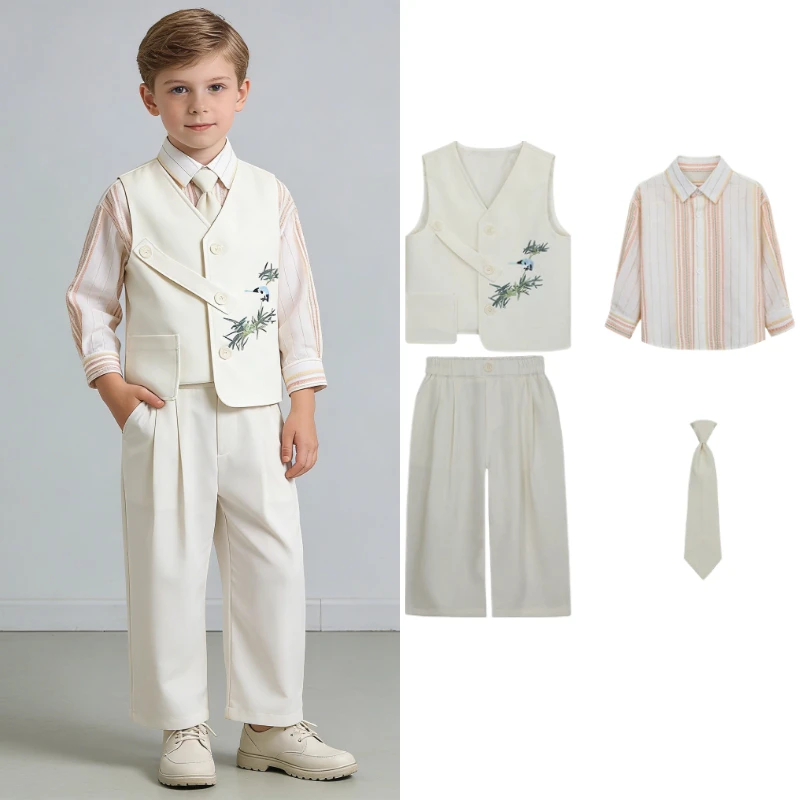 Boys Chinese Style Flower Bird Embroidery Vest Suit Set Kids Formal Outfit Striped Shirt Pants for Wedding Party Stage Show 10 Y