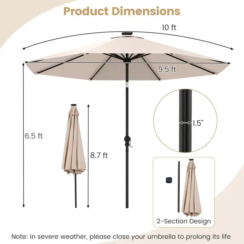 

10 Feet Solar Patio Umbrella with 96 Multi-Colored Flowing LED Lights and Tilt Adjustment-Beige