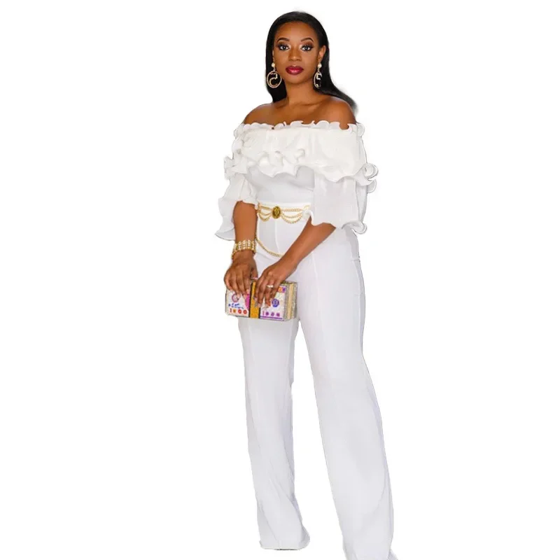 Tuta da festa per donna Slash Neck Bianco a vita alta irregolare con spalle scoperte Tuta Body Tute intere Tute intere
