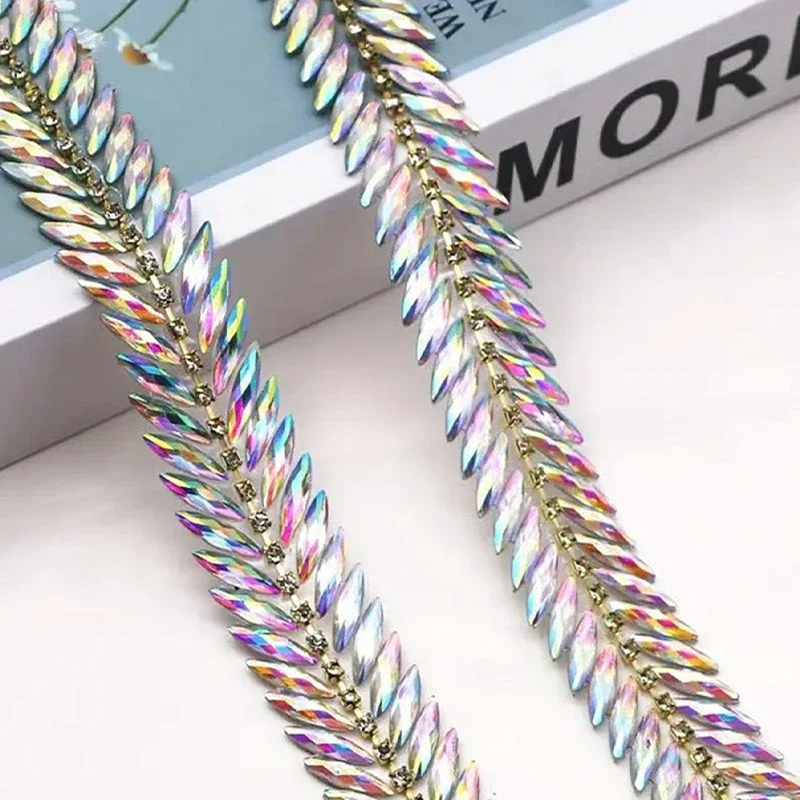 1 Yard Wheat Ear Crystal Rhinestone Trim Hot Fix Iron On Chain for Dance Costume Waist Neckline Dress Shoe Decor