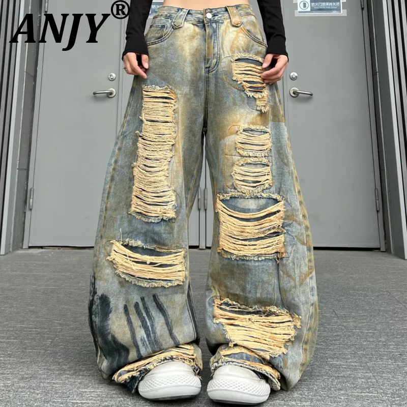 

ANJY Spring Autumn New Women Washed Heavy Distressed Ripped Design Jeans Loose Vintage Trendy Casual Wide-leg Denim Pants A21810