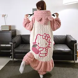 Sanrio Hello Kitty Women Autumn Winter Thicken Sleepwear Sweet Y2k Girl Soft Coral Fleece Nightgown New Fashion Loose Nightrobe