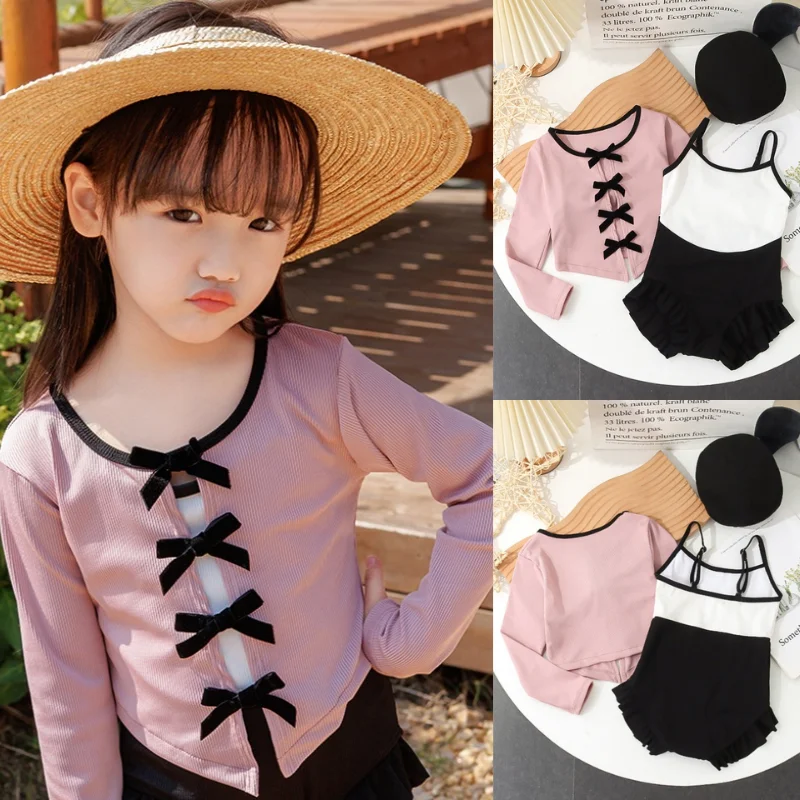 Kids Swimwear for Girls Korean Fashion Bow Toddler Girl Swimsuit Black Pink Color Swimwear Hat Set Summer Kids Clothes for Girl