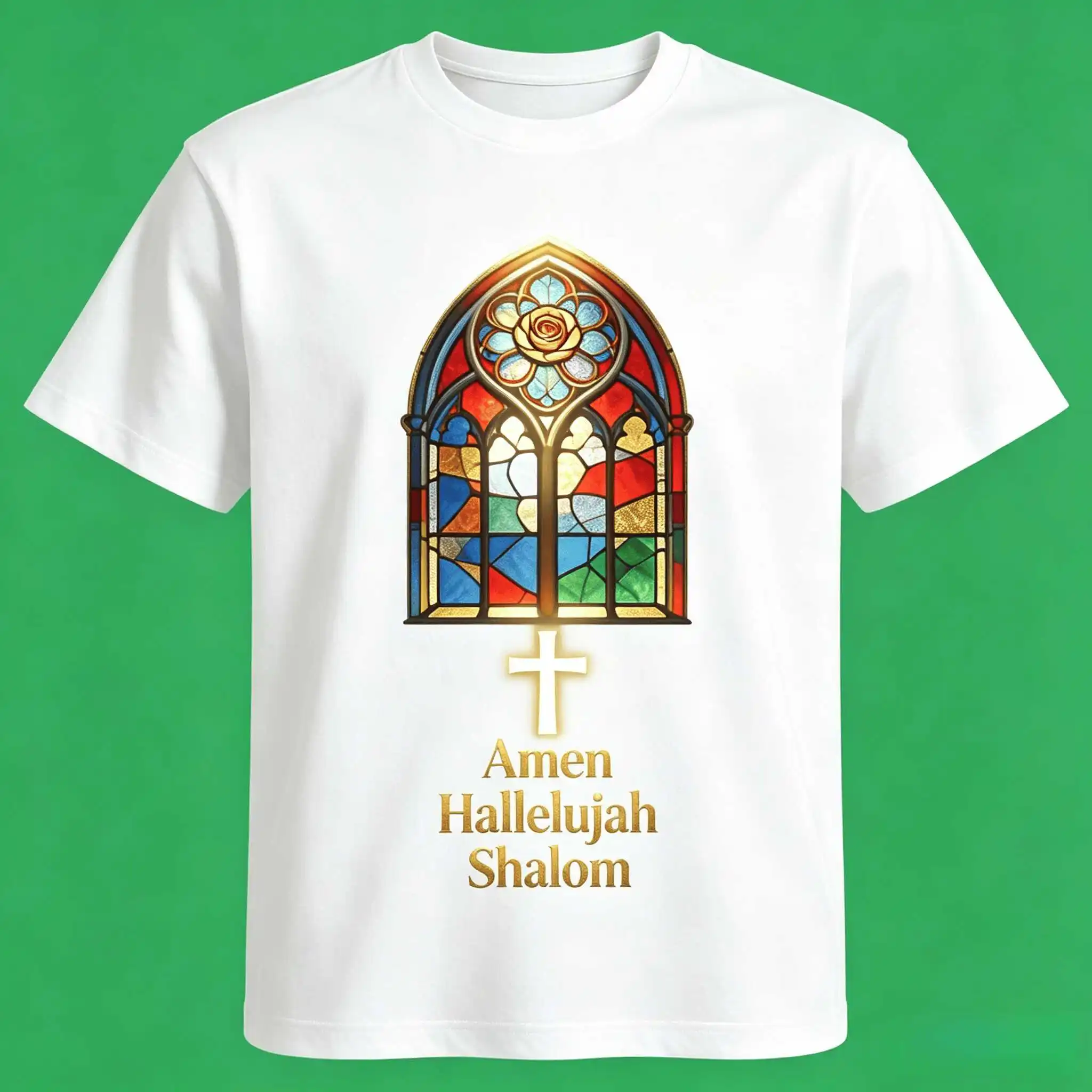 2026 New Stained Glass Cross T-Shirt Amen Hallelujah Shalom US Local Shipping Faith Tee