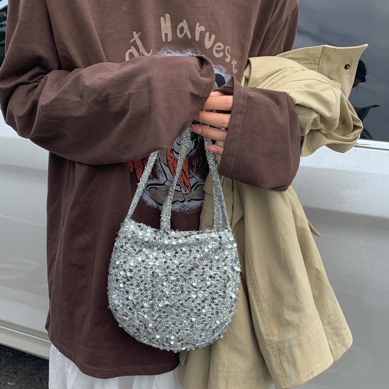 

Newest Sparkle Small Crossbody Bag for Women, Lightweight Soft Shiny Single Shoulder Purse, Trendy Casual Pure Color Evening Bag