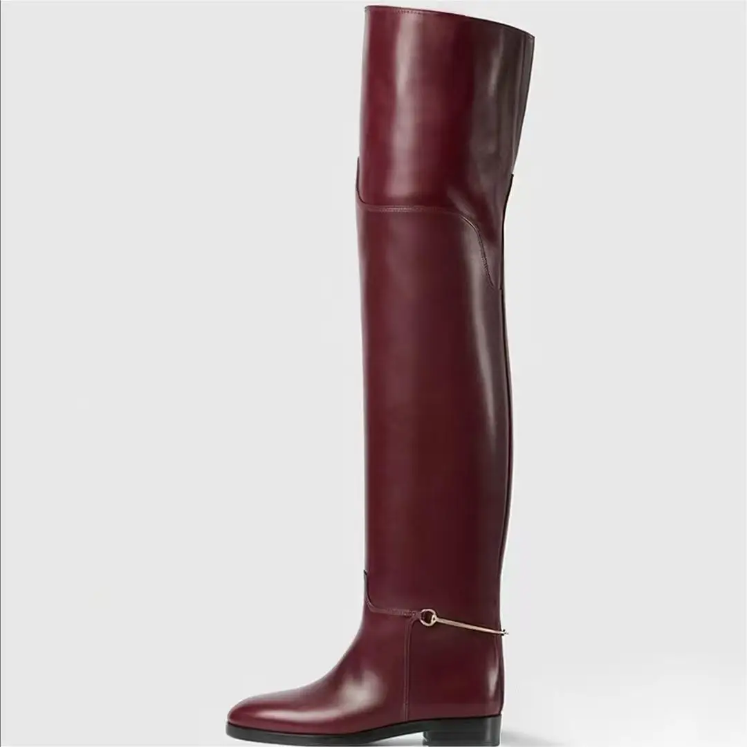 Claret Round Toe Metal Decoration Chunky Heel Thigh Boots Woman Winter 2025 Black Slip-On Over The Knee Boots Fashion Shoes