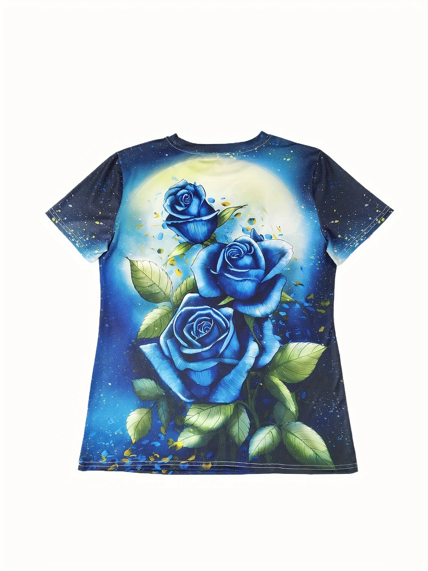Women's T-shirt Watercolor Blue Rose Starry Sky Gradient Print Short Sleeve Top Summer Casual Crew Neck Ladies Daily Clothes