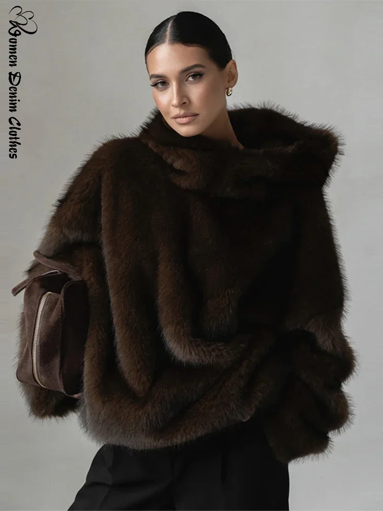 Casual Solid Faux Fur Hooded Pullover Warm Edgy Loose Full Sleeve Fluffy Warm Top Female Daily Street Winter Lady Outwear 2026