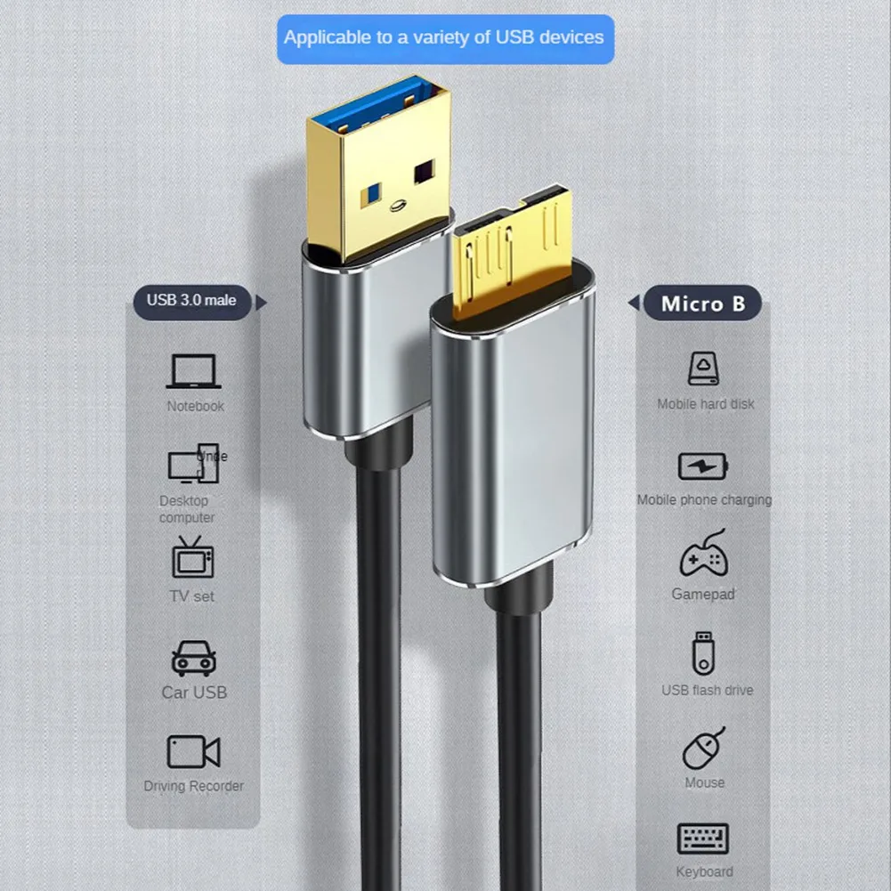 ฮาร์ดไดรฟ์สายเคเบิลภายนอก USB Micro-B HDD สายข้อมูล Micro-B สาย SSD SATA สำหรับฮาร์ดดิสก์ USB3.0 Micro-B, 0.5เมตร