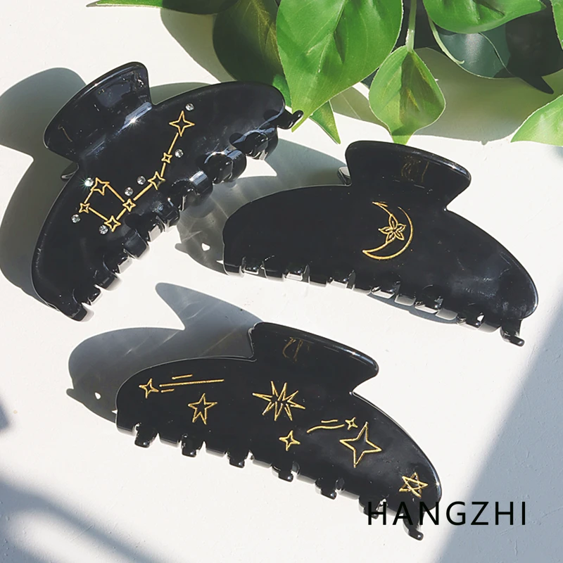 HANGZHI Vintage Moon Flower Hair Clip Elegant Star Zircon Black Shark Hair Claw for Women Girls Party Travel Headwear 2023 New