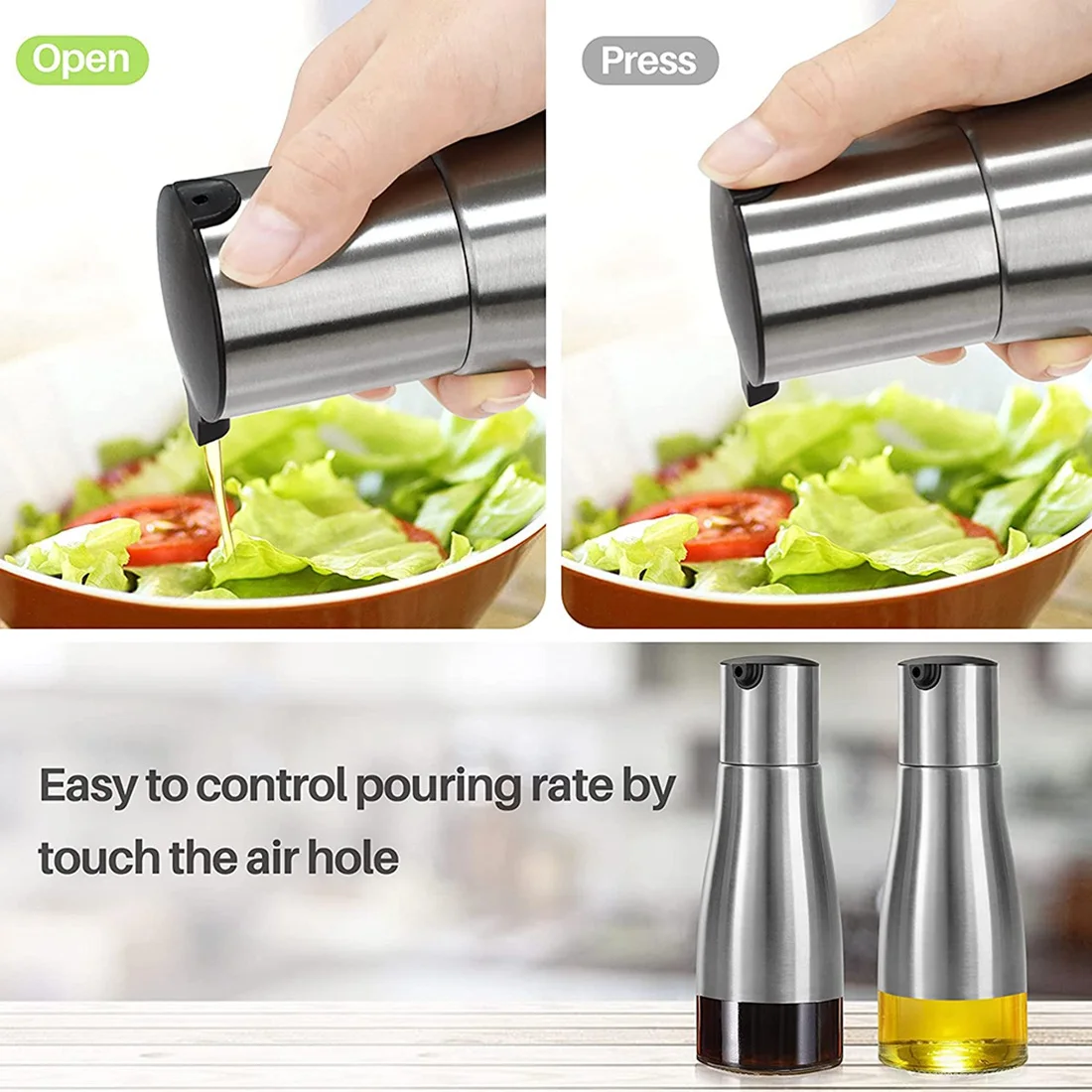 2Pcs Olive Oil Bottle Dispenser Set, Oil Dispenser Cruet Set, Stainless Steel Olive Oil Dispenser Elegant Glass Bottle