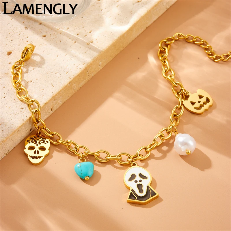 LAMENGLY316l Stainless Steel Exaggerated Style Halloween Skull Ghost Pumpkin Head Bracelet Trend Halloween Gift Charm Hand Chain