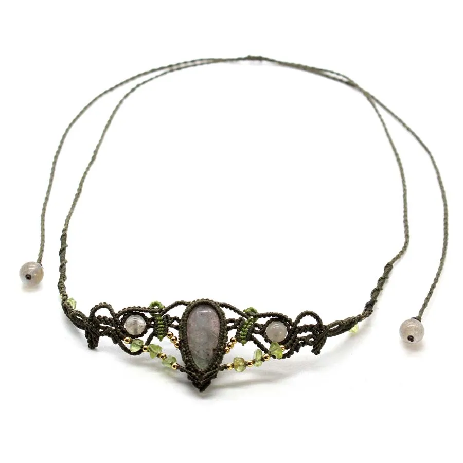 مضفر مكرميه اللابرادوريت حجر قلادة قلادة للنساء حجر الطيف الطبيعي اليدوية حبل ملفوفة نسج سلسلة مجوهرات #4