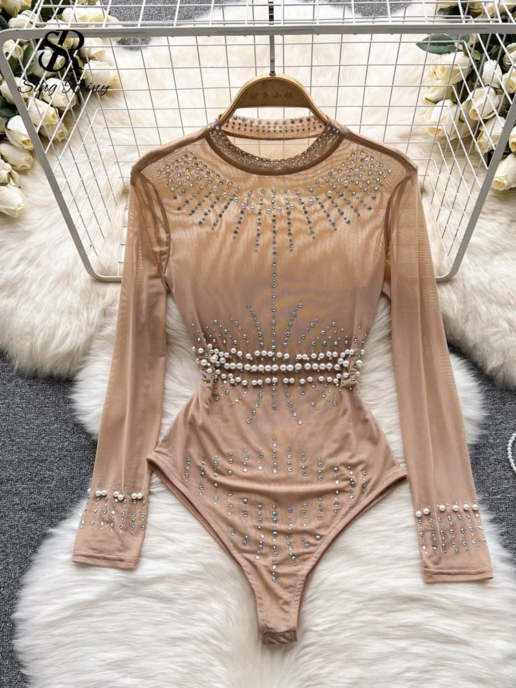 SINGREINY Beading Sequins Mesh Bodysuits Women O Neck Summer Sexy Party Club Long Sleeves Ladies Fashion Solid Rompers