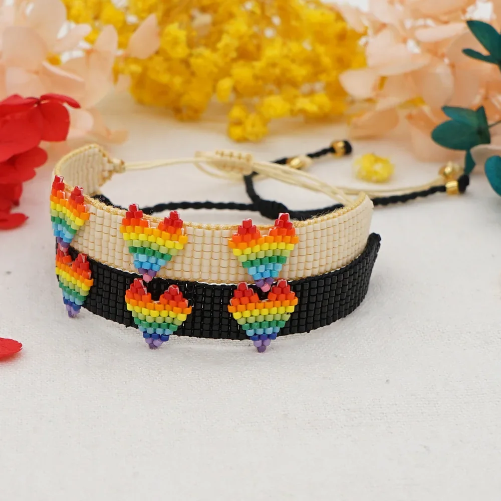 

ZGMXR Rice bead bracelet Creativity heart Bohemia Rainbow Pattern Hand weaving Adjustable Female Fashion Beaded bracelet