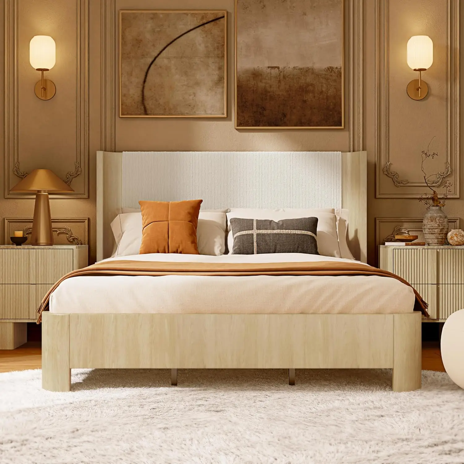 King Size Upholstered Platform Bed Frame with Wingback Headboard, Motion-Sensing LED Lights, Sturdy Slats,, Customized