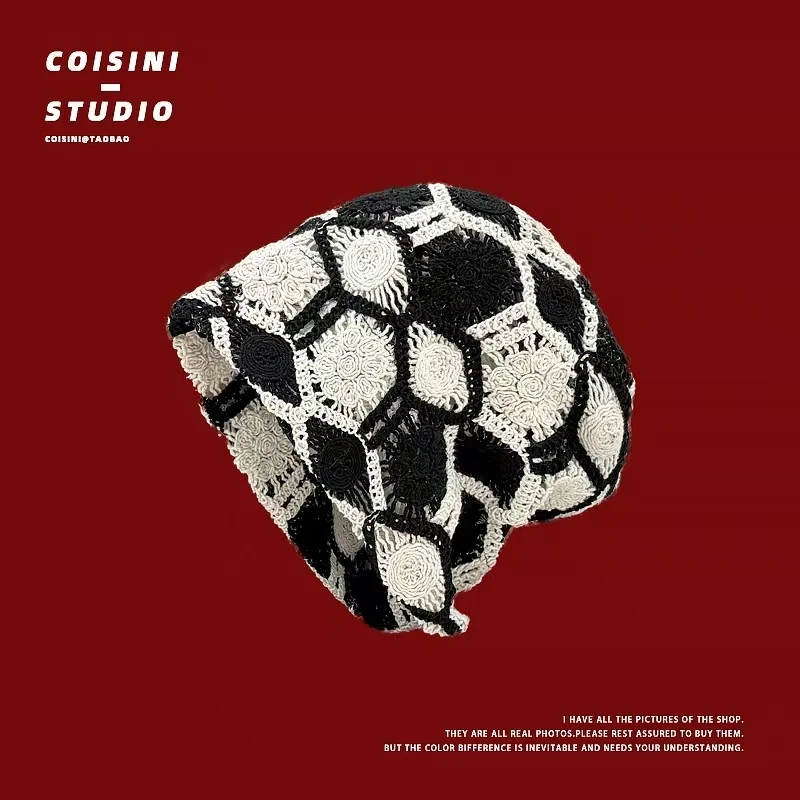 

Japanese Handmade Knitted Pullover Hats for Women Summer Thin Hollow Breathable Stack Caps Retro Literary Knitted Beanies