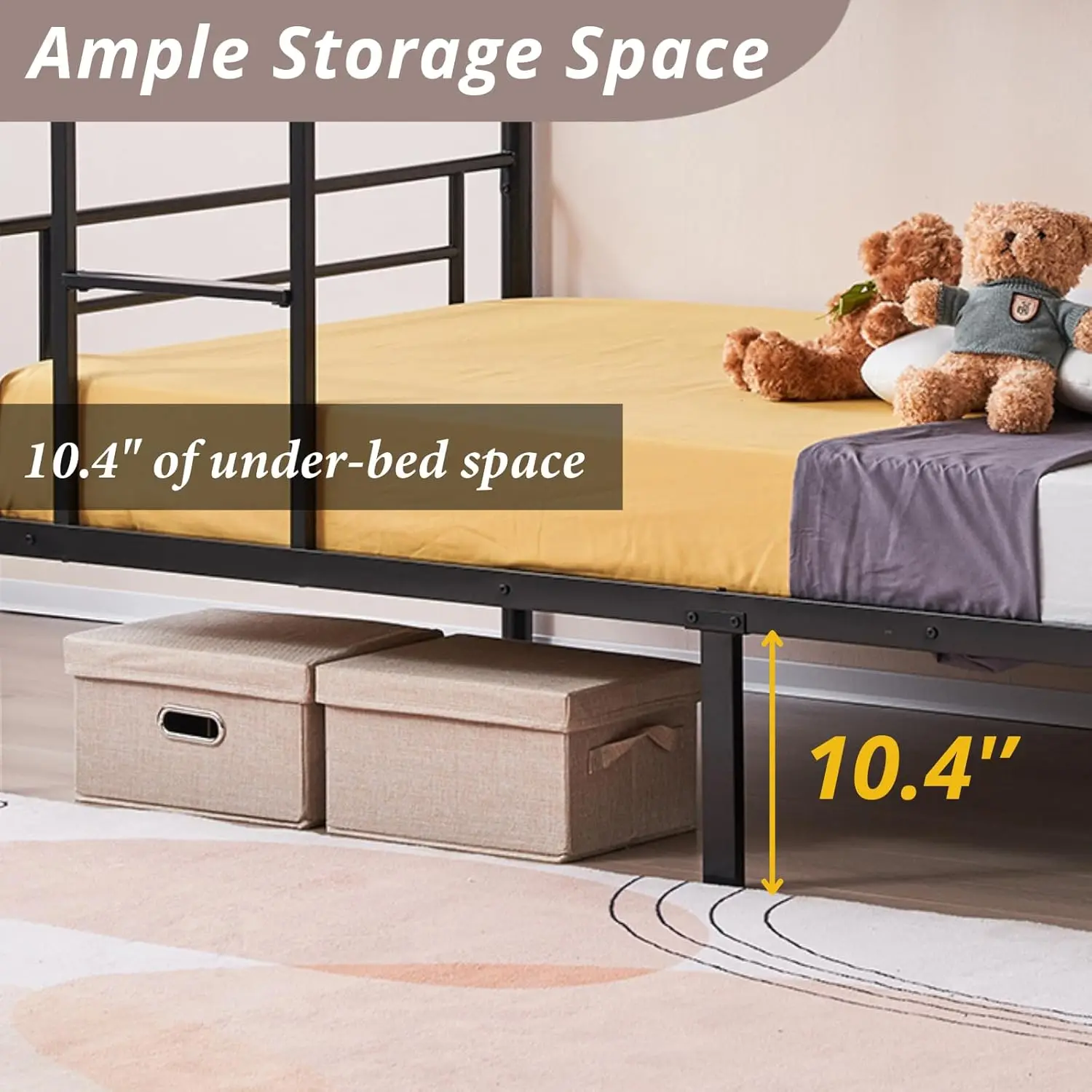 سرير مزدوج معدني أسود مع سلم ودرابزين