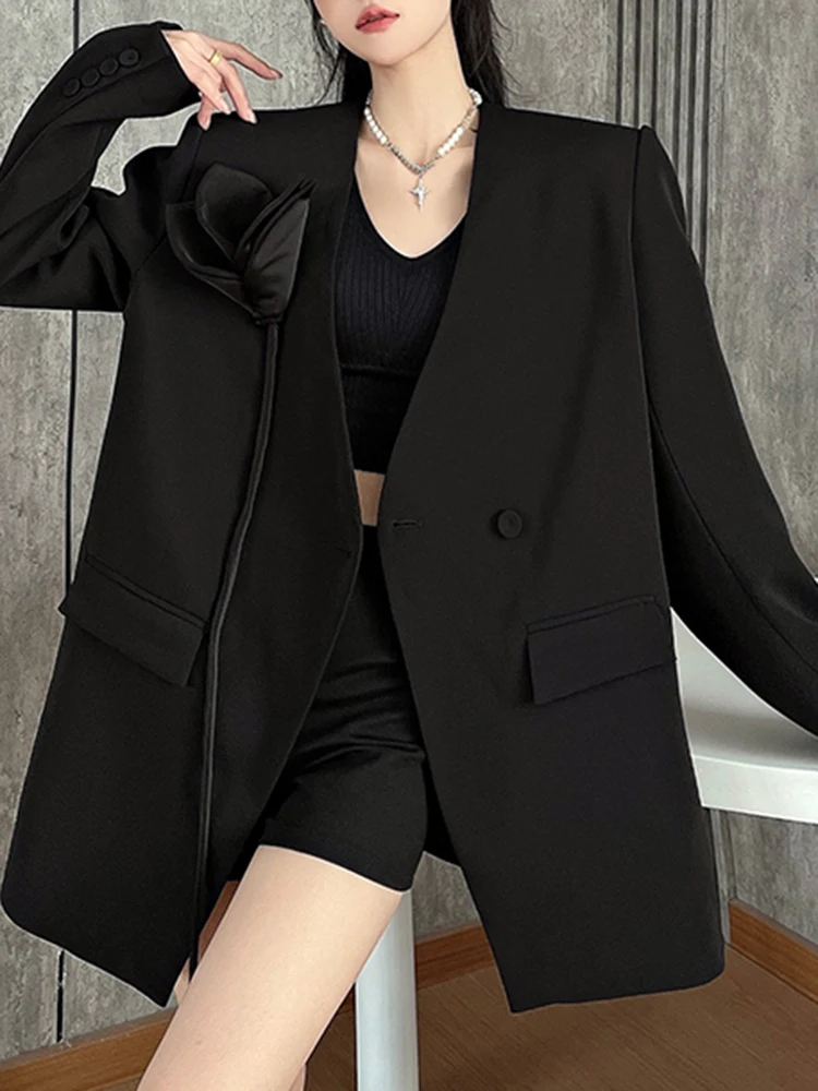 YERMORA ดอกไม้สีดําริบบิ้น Casual Blazer สําหรับผู้หญิง V คอยาวแขนยาวหลวมเสื้อใหม่แฟชั่นฤดูใบไม้ผลิฤดูร้อน 2025