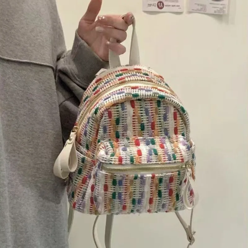 

Rainbow Knit Backpack Women Harajuku Color Block Small Capacity Student Backpack Ladies Fashion Unique Daily Mochilas Mujer 2025