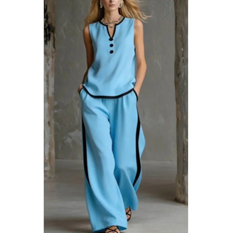 

Women's Summer Sleeveless Top Two-piece Suit Fashion Color Blocked Office Set Ladies Casual V-neck Wide Leg Pants Office Outfit