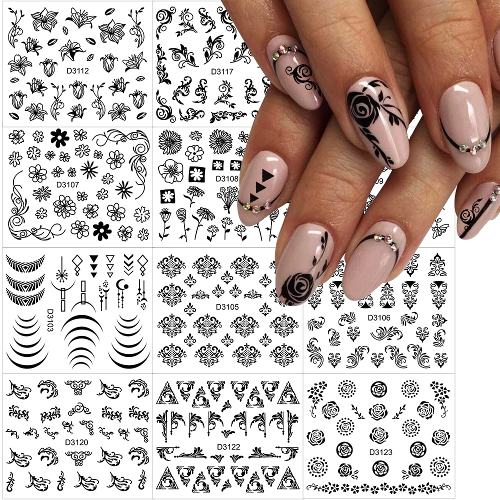 30pcs Gold White Black Hollow Flowers Nail Stickers Mixed Shape Lace Line Rose Leaves Nail Decals Retro Vine Petals Nail Supplie