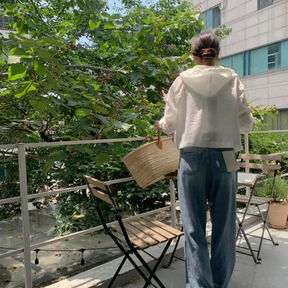 

Sweet Drawstring Striped Hooded Shirt Sunscreen Loose Long Sleeved Shirt Chic Hoodies Sweatshirts for Women Streetwear