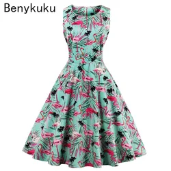 Plus Size Swan Flamingo Print Vintage Dress Women Casual Tunic Pin Up Robe 50s Rockabilly Summer Party Dresses Feminino Vestidos