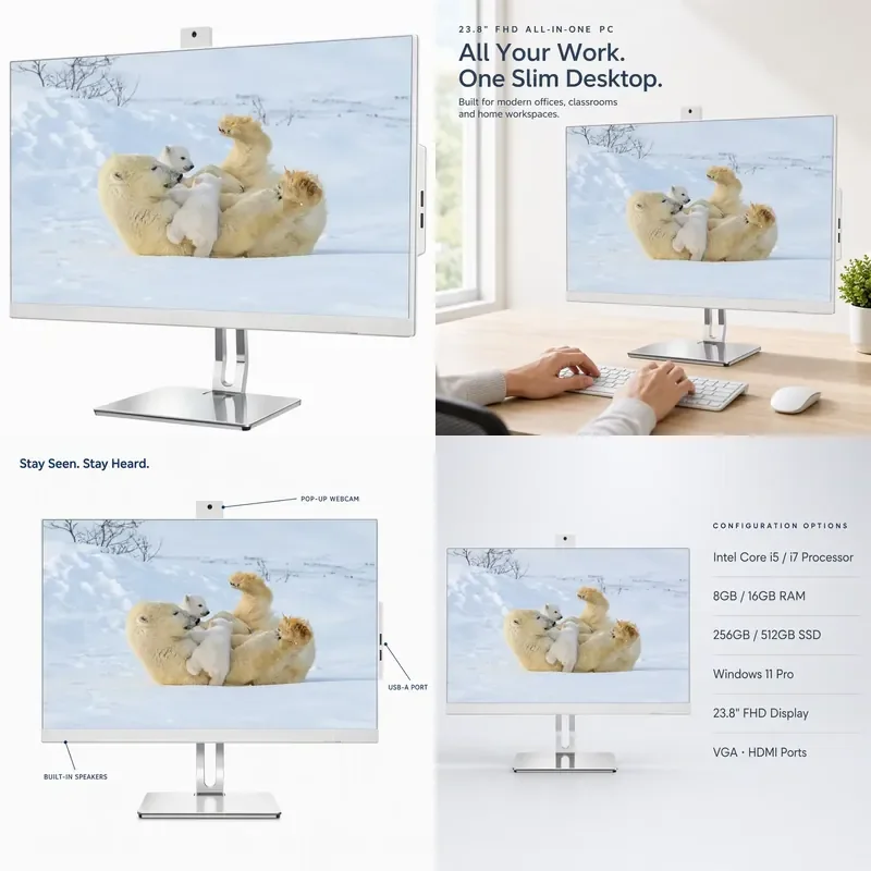 24 Inch All in One Desktop Computer Core i3 i5 i7 DDR4 16GB RAM 512GB SSD with Camera for Home Education Hospitality Medical