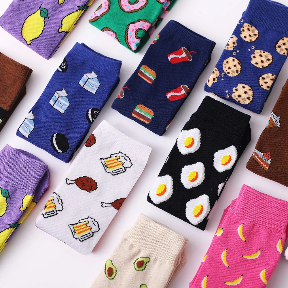 Women Socks Funny Cute Cartoon Fruits Banana Avocado Lemon Egg Cookie Donuts Food Happy Japanese Harajuku skateboard Socks