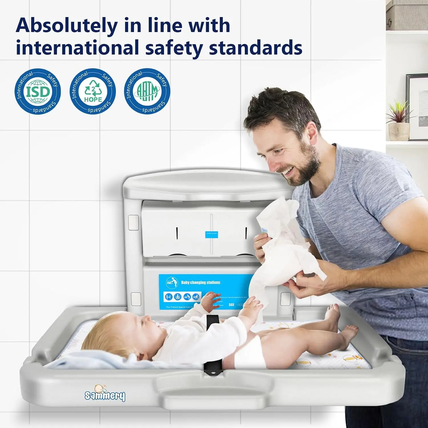 Commercial Baby Changing Station Wall Mounted – Heavy Duty Foldable Wall Mounted Changing Table with Safety Strap, Easy to Clean