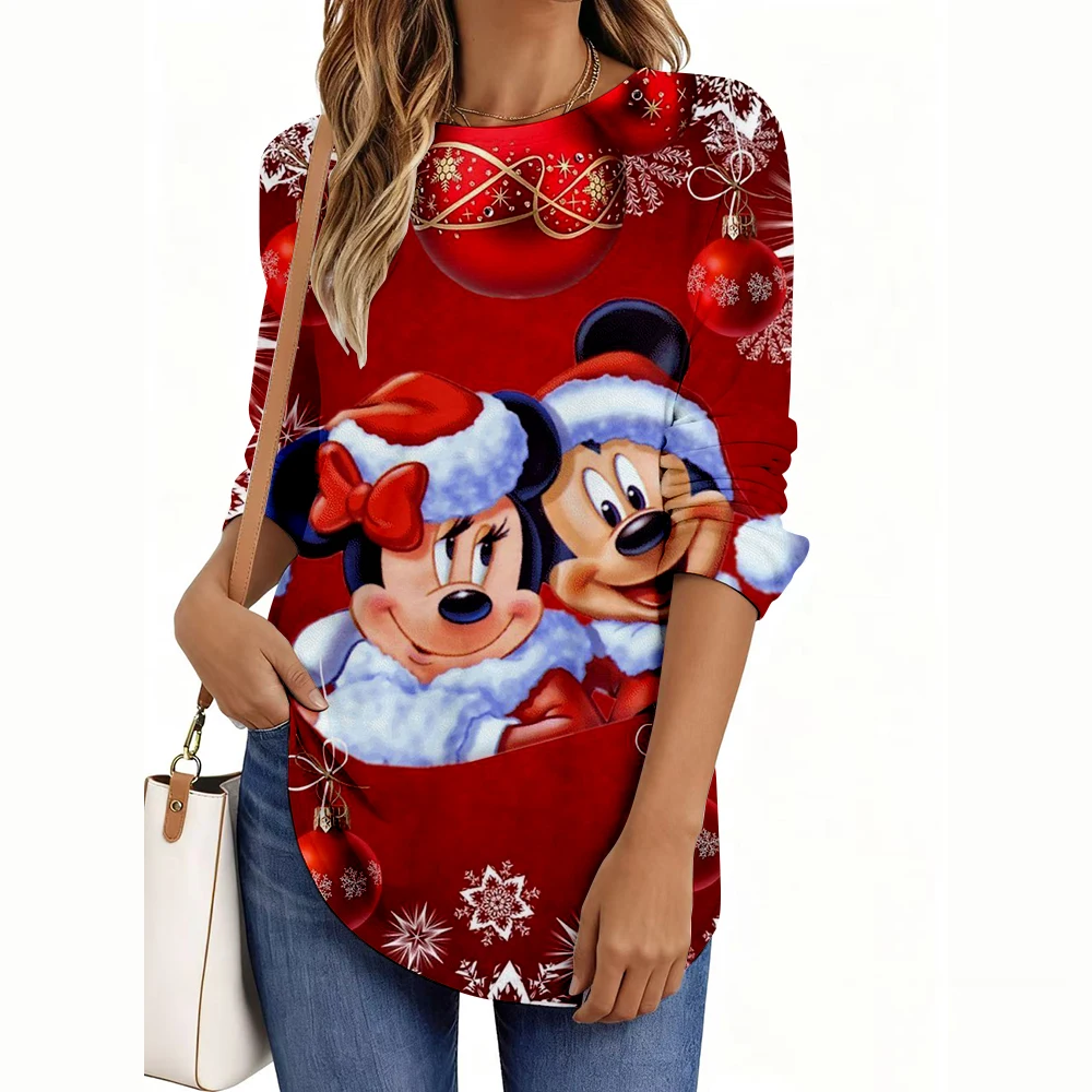 2025 レディース Tシャツ ディズニー クリスマス シリーズ プリント エレガント ファッション Tシャツ 長袖 Tシャツ O ネック レギュラー トップス カジュアル プルオーバー