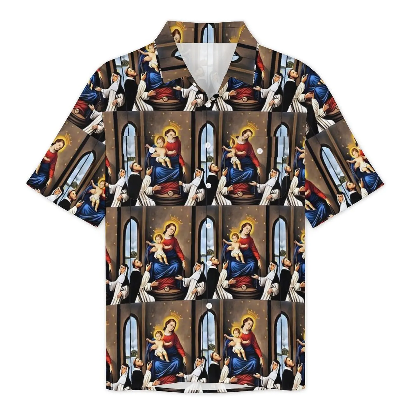 Virgin Mary Casual Shirt Our Lady of The Rosary Trendy Summer Shirts Man Short Sleeve Vacation Fashion Design Oversized Blouses