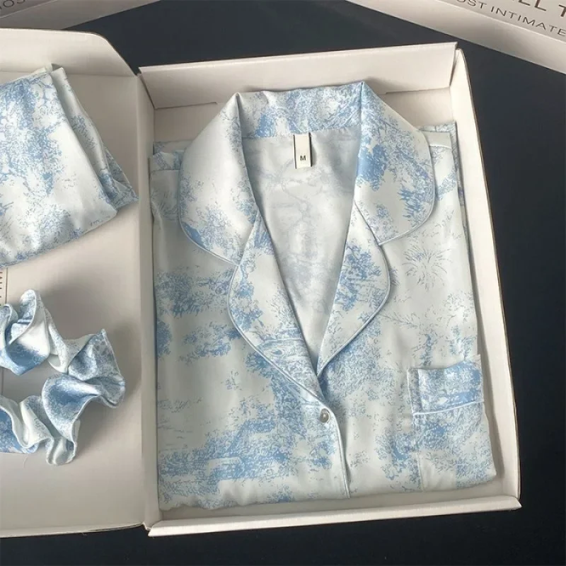 

Романтическая женская ночная рубашка, элитная студенческая одежда из ледяного шелка с длинными рукавами, домашняя одежда из двух предметов, кардиган с принтом, женская одежда для сна, домашняя одежда