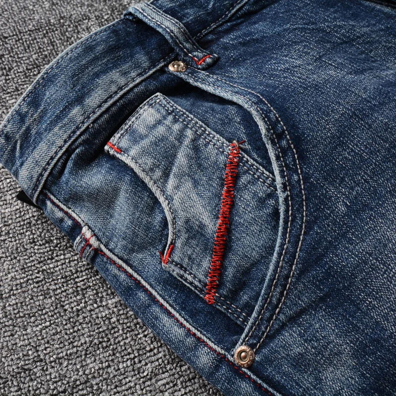 Fashion Vintage Men Jeans Retro Washed Blue Elastic Slim Fit Hole Ripped Jeans Men Embroidery Designer Cotton Denim Pants Hombre