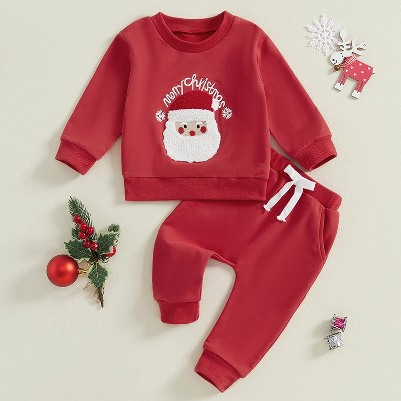 Conjunto de sudadera de manga larga con bordado de Papá Noel y letras de Navidad para niño y niña