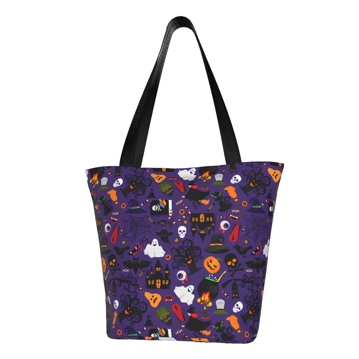 

Ведьма Хэллоуин Конфеты Летучая Мышь Черный Кот Бакалея Сумки для покупок Женские Забавные Холщовые Сумки-шопперы на плечо Сумки большой вместимости