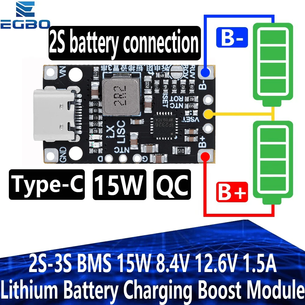 Lithium Battery Charging Boost Module with Balanced Support, Fast Charge with Indicator, 2S, 3S, Type-C BMS, 15W, 8.4V, 12.6V,