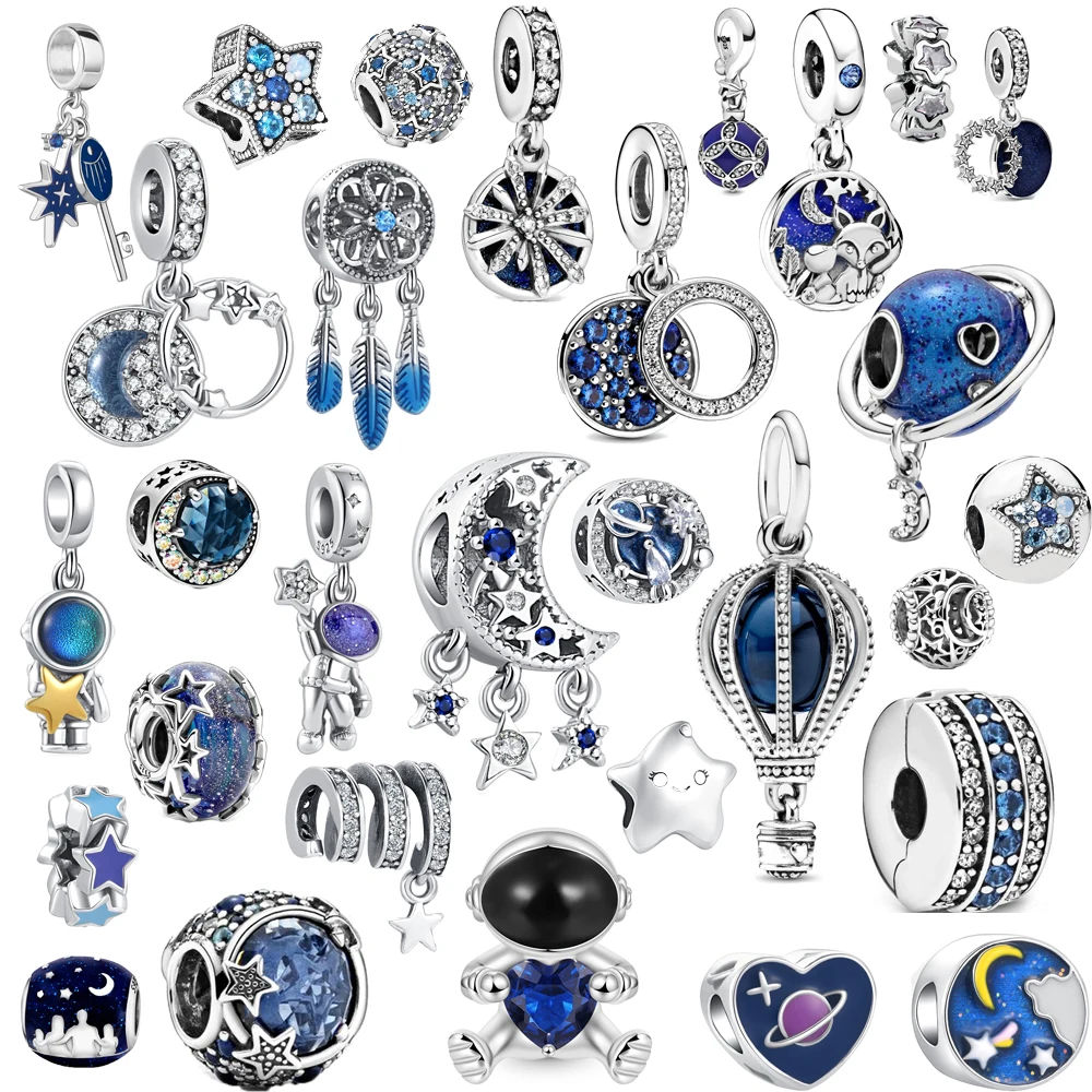 Fit Pandora 925 Original Bracelets Blue Starry Sky Series Moon Astronaut Pendants Silver Charms Beads For DIY Christmas Jewelry