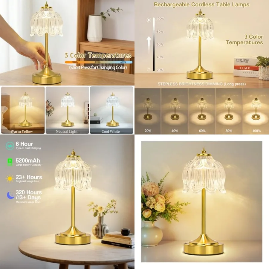 

Cordless Lotus Flower Table Lamp, 5200mAh Rechargeable Battery Operated Portable Lamp, 3-Color Dimmable Touch Control Small Des