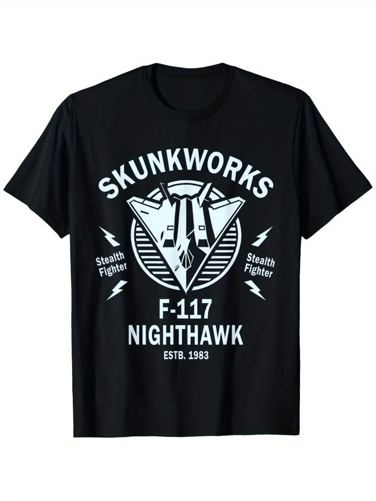 F-117 Nighthawk Stealth Fighter GraphicSKUNKWORKS&ESTdesign-100% cotton O-neck short sleeve printed men's T-shirt.