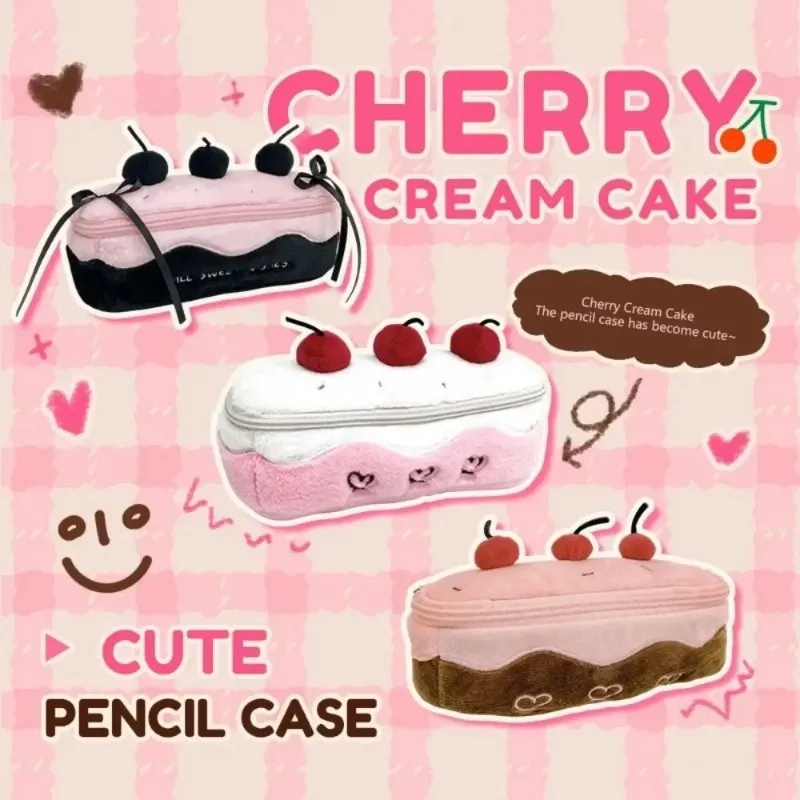 New Plush Cherry Cake Pen Bag Large Capacity Pencil Case Students Multifunction Stationery Bag For School Office
