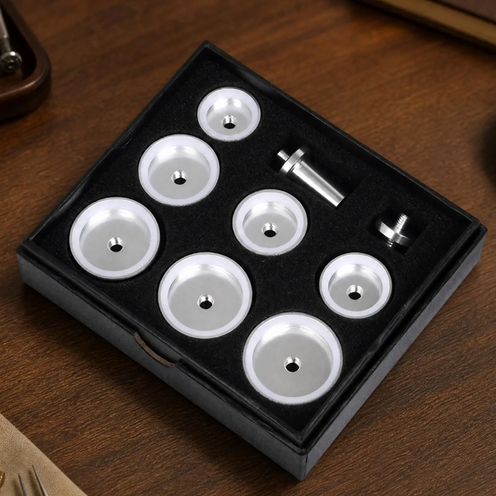 7 Pieces Watch Press Set with Dies Lightweight Watch Bezel Press Disc Set with Pressing Components Multi-Size Silver Finish