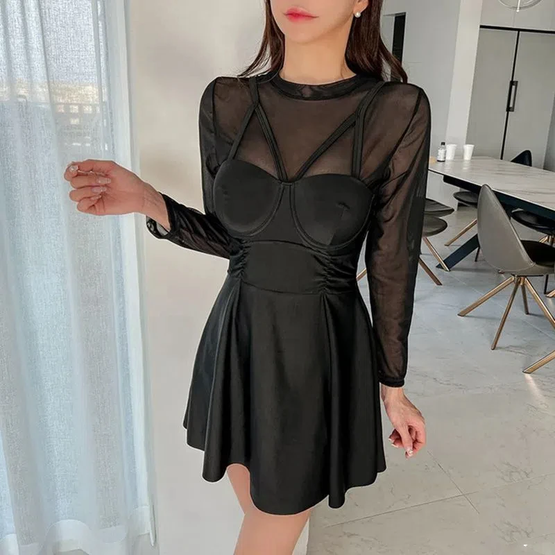 2024 Women One Piece Swimsuit with Black Long Sleeve Cover Up Korea Style Beach Wear Push Up Bathing Suit Female Dress Monokini