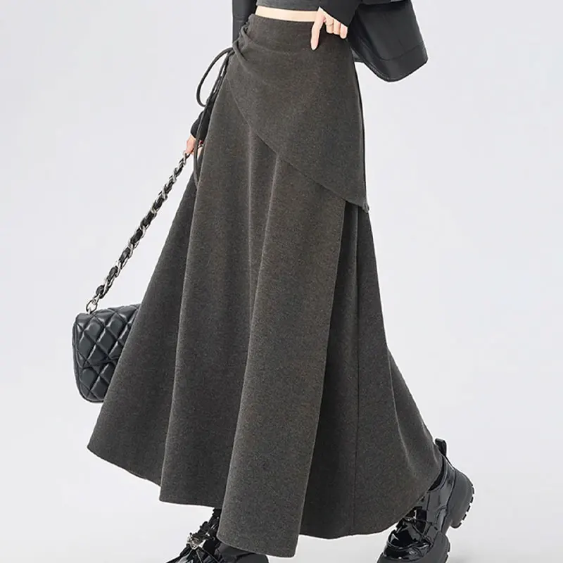 Women 3 Colors Vintage Wrap Tie Midi Maxi Skirts High Waist Irregular Overlap Autumn Winter Flowy Wool Blend A Line Long Skirts