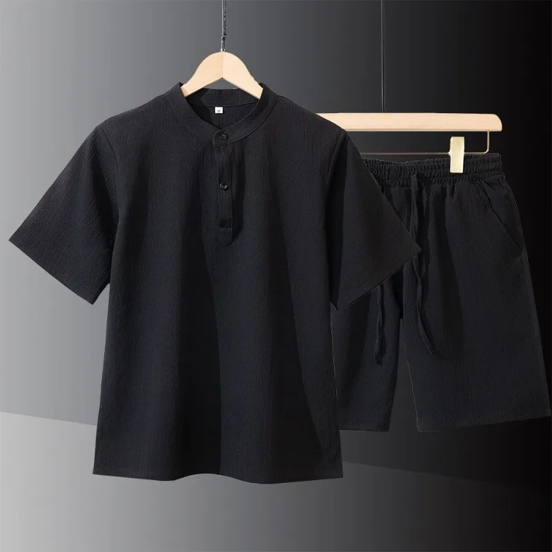 Men's Spring Summer Suit Short Sleeve Shorts Ice Silk T-shirt Big Size Breathable Pure Color Simple Comfortable Leisure Design