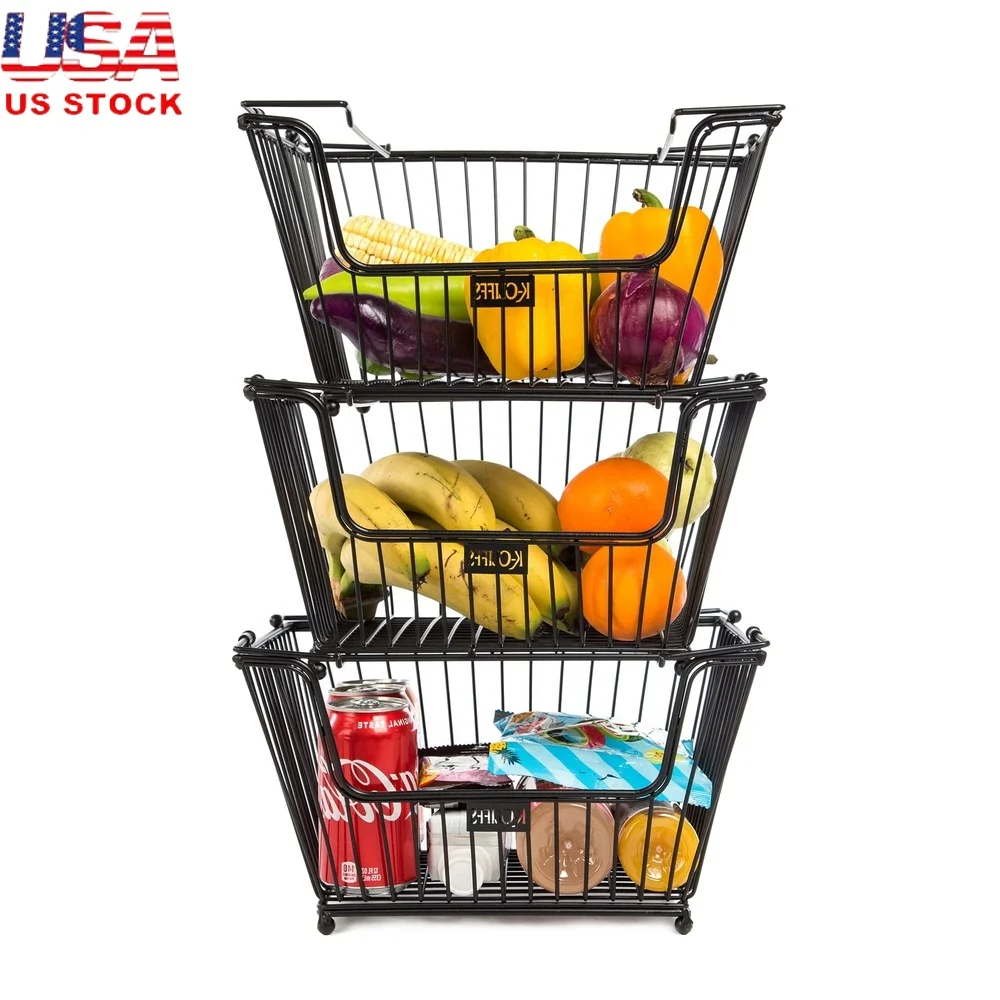 

Heavy Duty Stackable Metal Storage Baskets Set of 3 Kitchen Office Craft Room Pantry Garage Grocery Organization