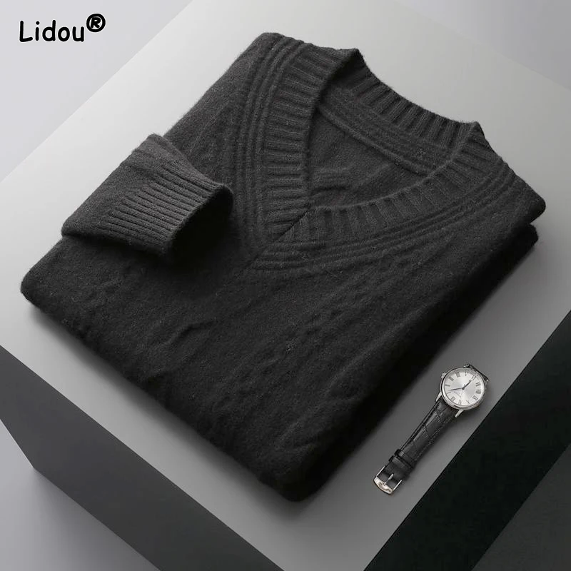 

2023 New Autumn and Winter Thickened Jacquard Pullover V-neck Fashionable Solid Color Casual Loose Lazy Versatile Men's Sweater